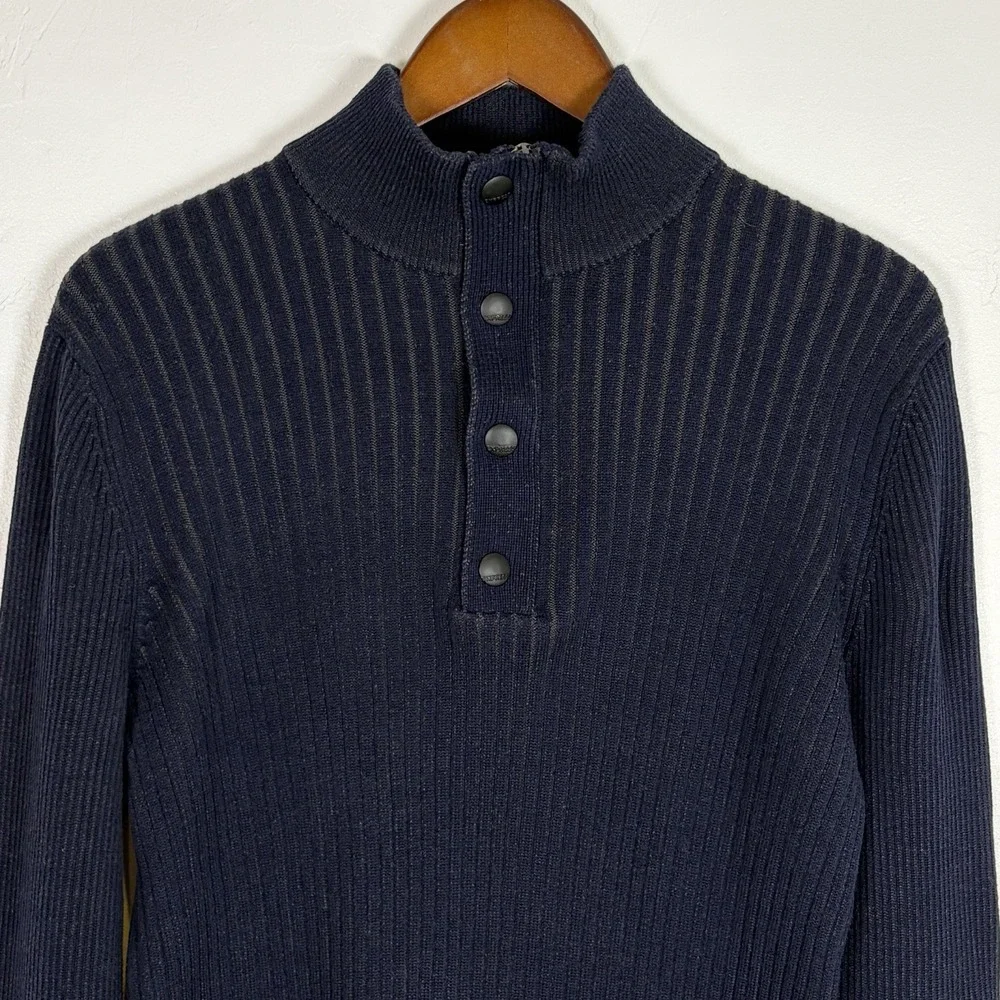 Express Men's Sweater Size L Navy‎ Blue 1/4 Zip and Snap Ribbed Stretch Fitted